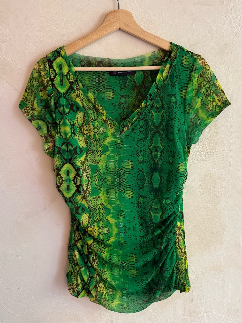 INC International Concepts | Green Snake Print | Sheer V-Neck Top S/M